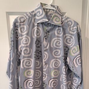 Luxe Blue and Green Casual Button Down Shirt with Spiral Design